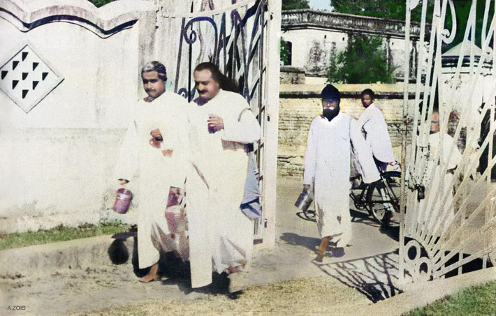 1949 : The New Life - Meher Baba with Adi K. Irani & Gustadji following in Benares, India. Image colourized by Anthony Zois.