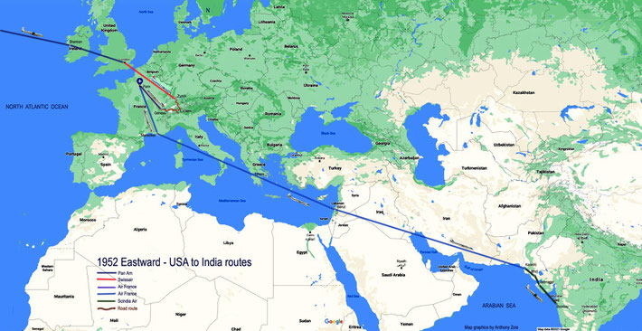1952 : Detailed Eastward plane routes returning from the USA to London, Europe & Middle East, heading to India. Map graphics by Anthony Zois