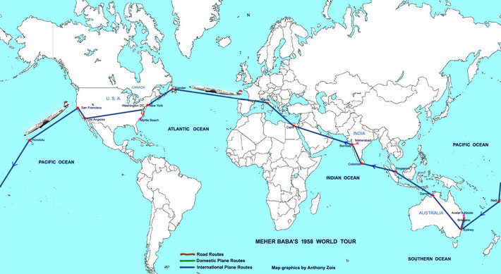 1958 : World map shows the routes Meher Baba took from Bombay to Myrtle Beach, then Australia & back to Bombay, India. Map graphics by Anthony Zois.