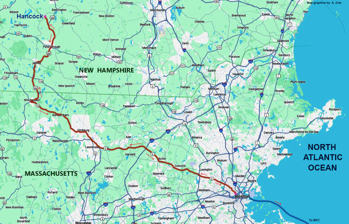 Map shows the route taken from Boston to Hancock by car and the return route to Boston. Map graphics by Anthony Zois.