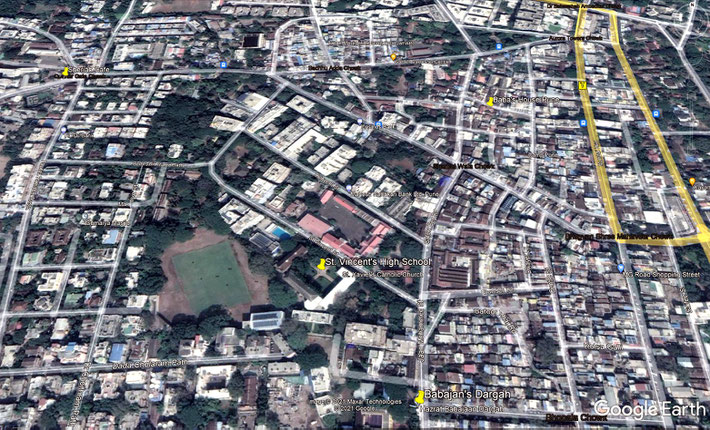 Present-day aerial map of Pune showing important places for Meher Baba marked by yellow markers. Map grahics by Anthony Zois.