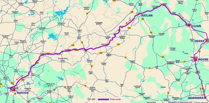 Map shows the rail journey from Baroda to Ujjain, then to Indore & Mortakka. Map graphice by Anthony Zois.