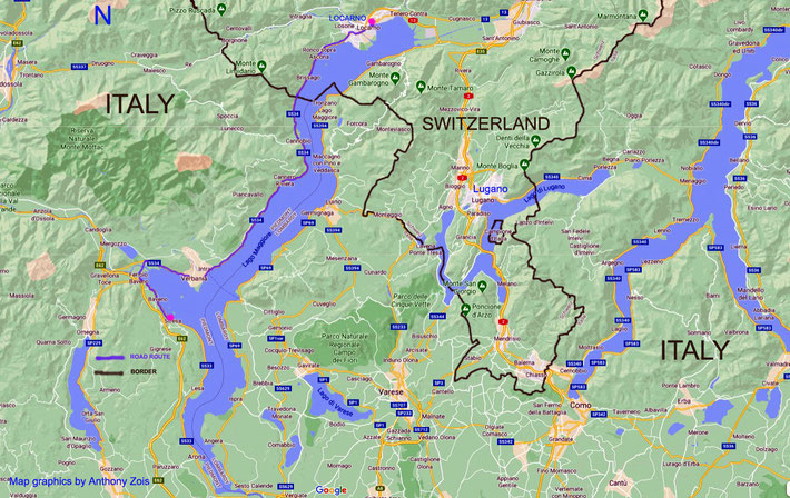 Map 1 : Overview map of road route from Locarno to Bella Island in Italy.  Map graphics by Anthony Zois.