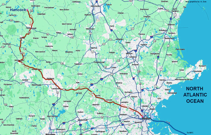 Map shows the route taken from Boston to Hancock by car and return to Boston. Map graphics by Anthony Zois.