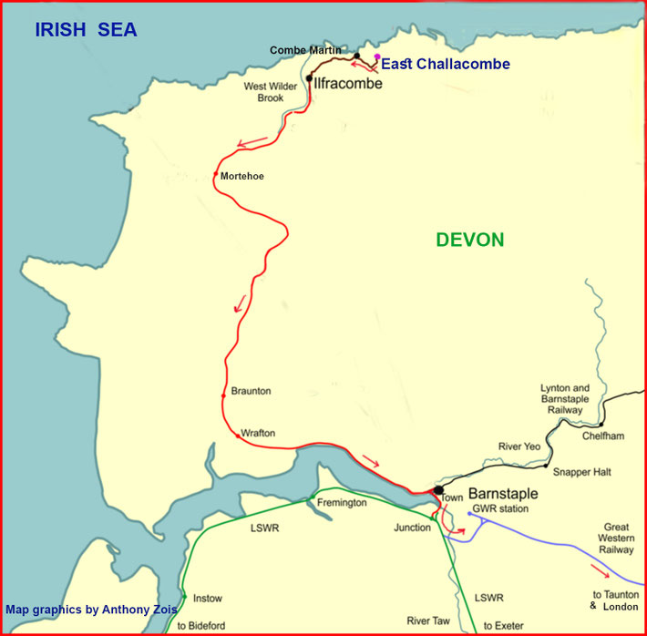 Map shows the road route from Each Challacombe farm to the train at Ilfracombe, along the local line to connect with the LSWR line at Barnstaple to go back to London. Map graphics by Anthony Zois.