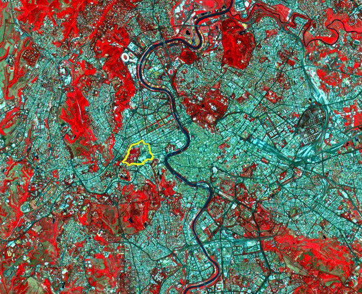 Vatican City marked by yellow. Courtesy of NASA.