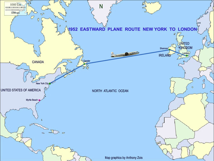 Map showing the return route by plane from New York City to London, heading back to India.