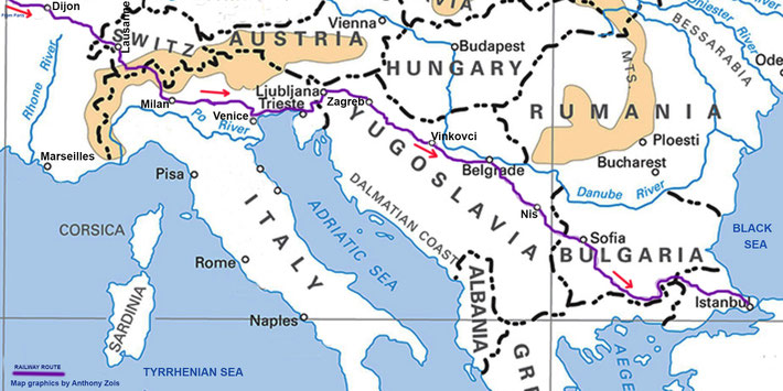 1931 : Simplon Express rail route from Dijon, France to Istanbul, Turkey.
