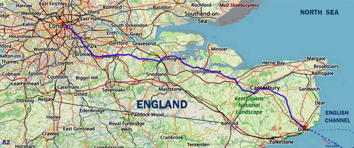 Map shows the ferry crosiing from Calai, France to Dover. The route shown is the train from Dover to London that Baba's companions took whilst Baba was taken by car. Map graphics by Anthony Zois. .