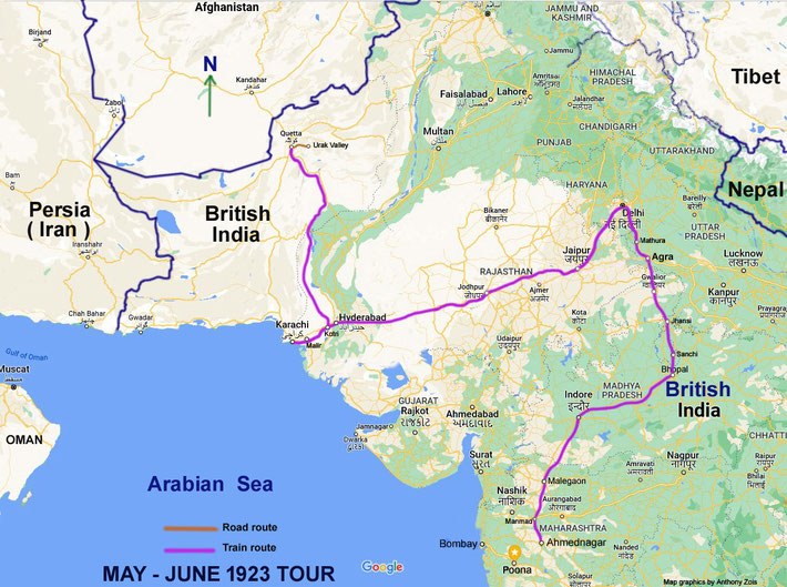  May - June 1923 : The map shows the route taken from Ahmednagar to Quetta by train. Map graphics by Anthony Zois.