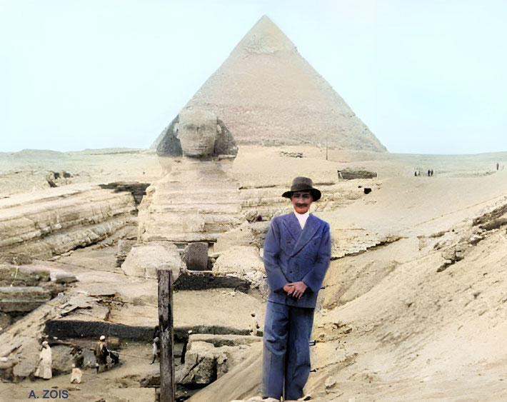 Meher Baba at The Sphinx & Pyramid of Chephrum at Gizeh, Cairo, Egypt - Jan.1st, 1933. Image rendered by Anthony Zois