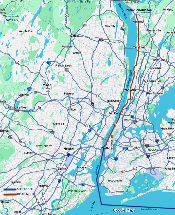 Map shows the ship arriving in New York City & docking at Pier 97 & then the by car to Harmon (Crotonville). Map graphics by Anthony Zois.