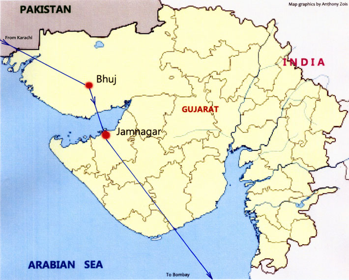 1952 : The last leg of Meher Baba's Eastbound flight route from Karachi, Pakistan to Bombay, India. Map graphics by Anthony Zois.