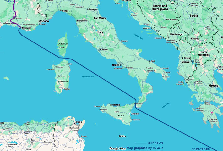 1931 : Map shows the SS Rajputana took from Port Said, Egypt to Marseilles, France via the Straits of Messina. Then by train to Paris & London. Map graphics by Anthony Zois.