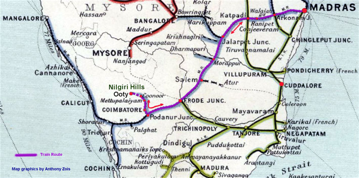 Map shows the train route from Madras to Ooty-Nilgiri Hills. Map graphics by Anthony Zois.