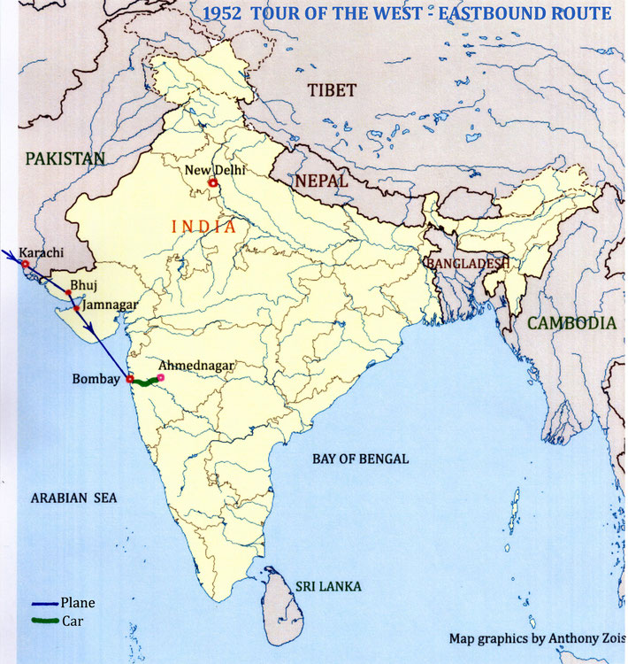 MAP 11 : 1952 - The last flight route of Meher Baba's  visit to the West. Map graphics by Anthony Zois.