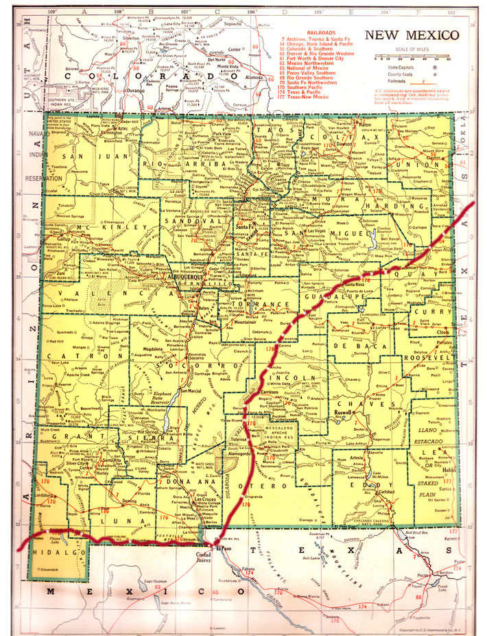 NEW MEXICO STATE MAP. This map shows the journey Meher Baba took across the state of New Mexico. This map apart from the rivers and county lines only shows rail-lines not roads.