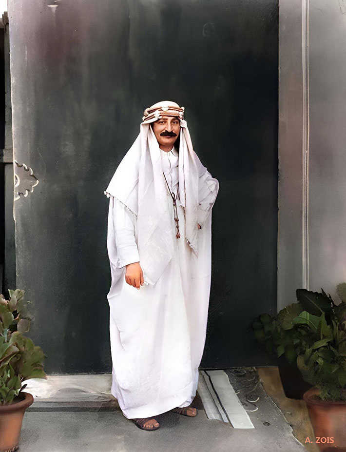 6. Meher Baba wearing an Arab outfit given to him by the Jaffers from their trip to Mecca. Photographed in a studio in Nasik, India - 1936.
