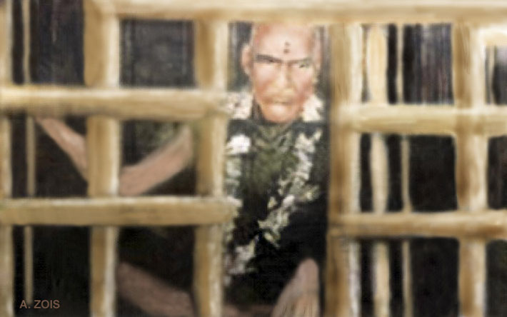  1923 : Perfect Master Upasni Maharaj self-imprisoned in his bamboo cage at Sakori. Image rendition by Anthony Zois.