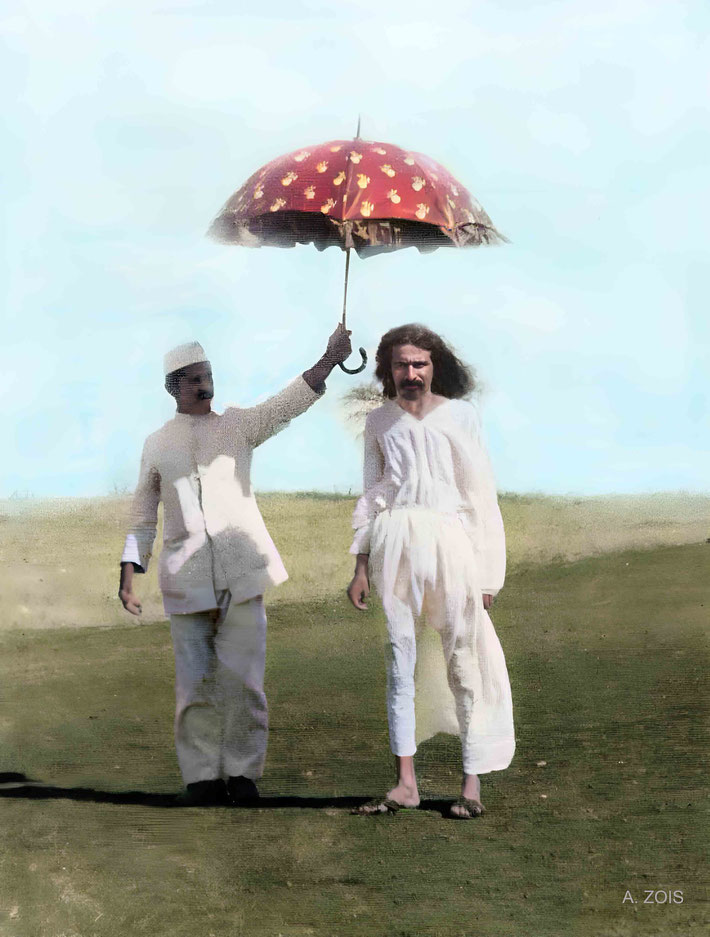  1925 : Meher Baba with Naosherwan Sathar holding the umbrella at Meherabad, India. Image rendition by Anthony Zois.