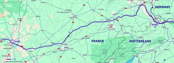 MAP 11 : Map shows a close-up of the rail route between Dijon and Basel, Switzerland. Map graphics by Anthony Zois.