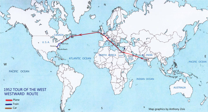 Map 3 : 1952 Meher Baba's Tour of the West - Westward route. Map graphics by Anthony Zois.