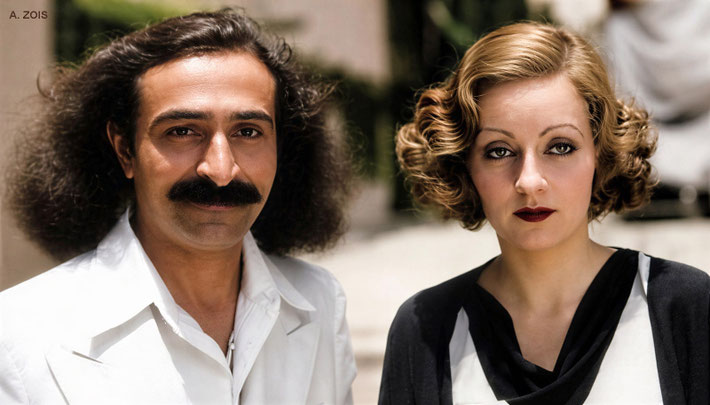 1932 : Meher Baba in Hollywood, CA with Tallulah Bankhead. Image rendition by Anthony Zois. BP