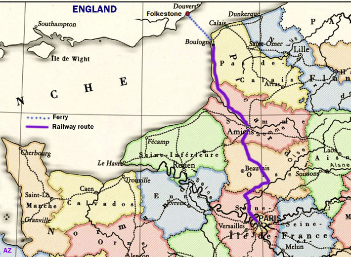 MAP 3. Map shows the railway route from Paris to Calais & later the return to Paris on 7th Nov.