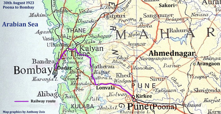 30th August 1923 : Poona to Bombay. Map graphics by Anthony Zois.