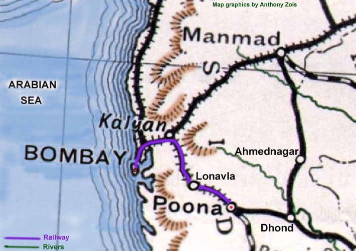 The rail journey between Bombay & Poona. Map graphics by Anthony Zois.
