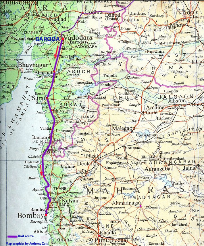 1924 Map shows the final stage - Baroda to Bombay, of his huge India trip. Map graphics by Anthony Zois.