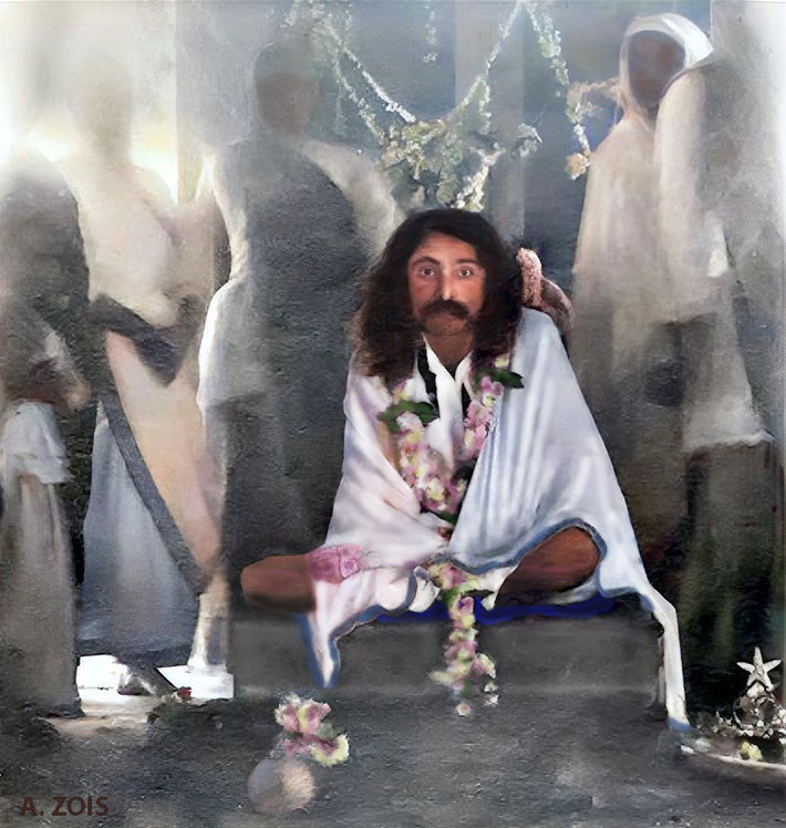 1926 : Meher Baba sitting on the raised platform in Sai Darbar. Image rendition by Anthony Zois.