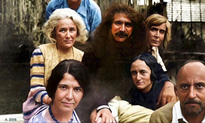 Mid-September 1931 - East Challacombe farm. Back row (L-R); Maggie Barton, Baba, Margaret Starr. Front (L-R); Kim Tolhurst, Margaret CRaske, Meredith Starr. Back, partially seen is Kenneth Ross. Image rendition by Anthony Zois.