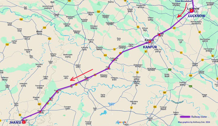 Map shows the continuing train journey from Lucknow to Jhansi. Map graphics by Anthony Zois.