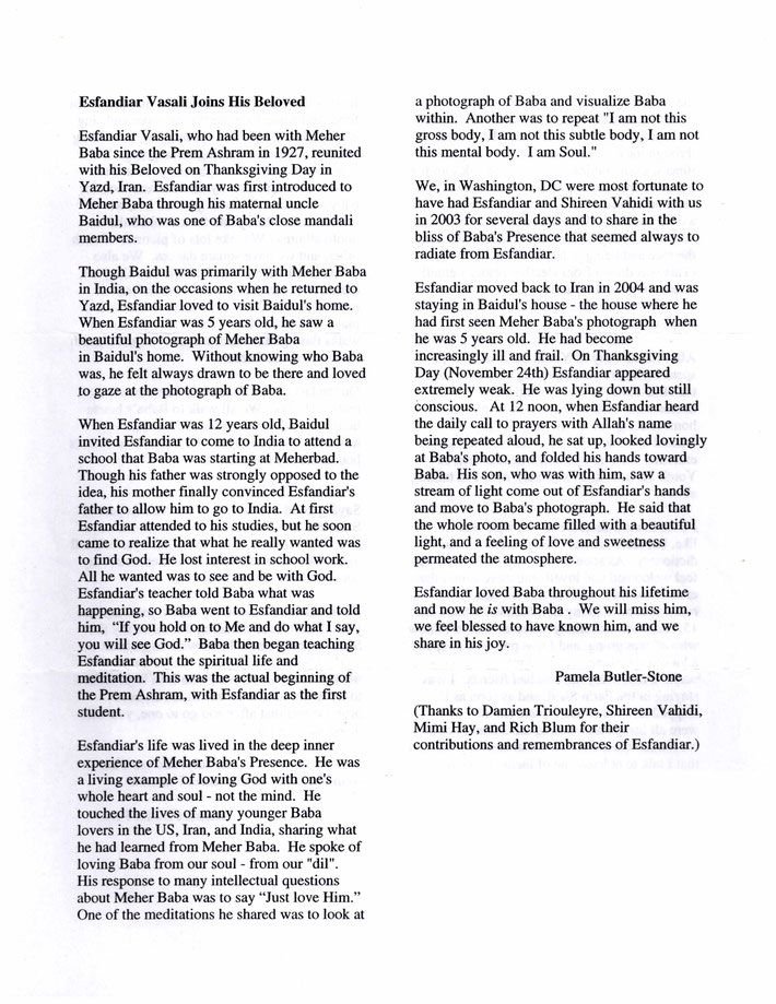 Courtesy of "Meher Baba Washington DC Gathering" newsletter in 2005