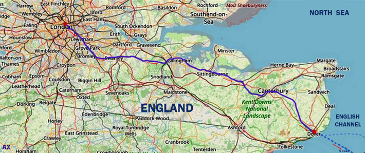 Map shows the train route taken by Meher Baba after his 1st stay in London travelling to Dover, then the ferry route to Calais. Map graphics by A. Zois.