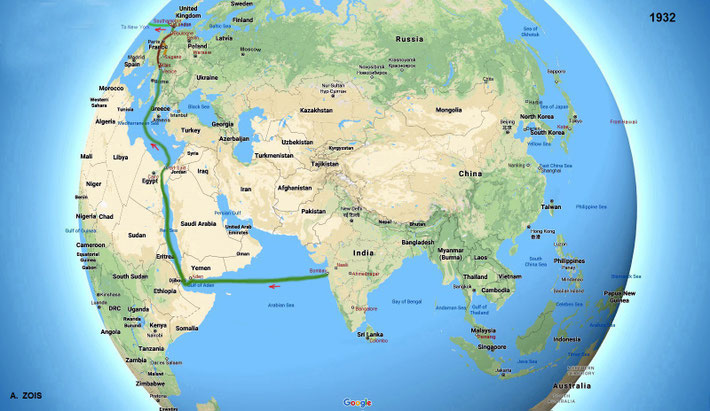 1932 : Depart Bombay, arrive in Europe & the U. K. Then sail to New York then by train to Los Angeles. Map graphics by Anthony Zois.