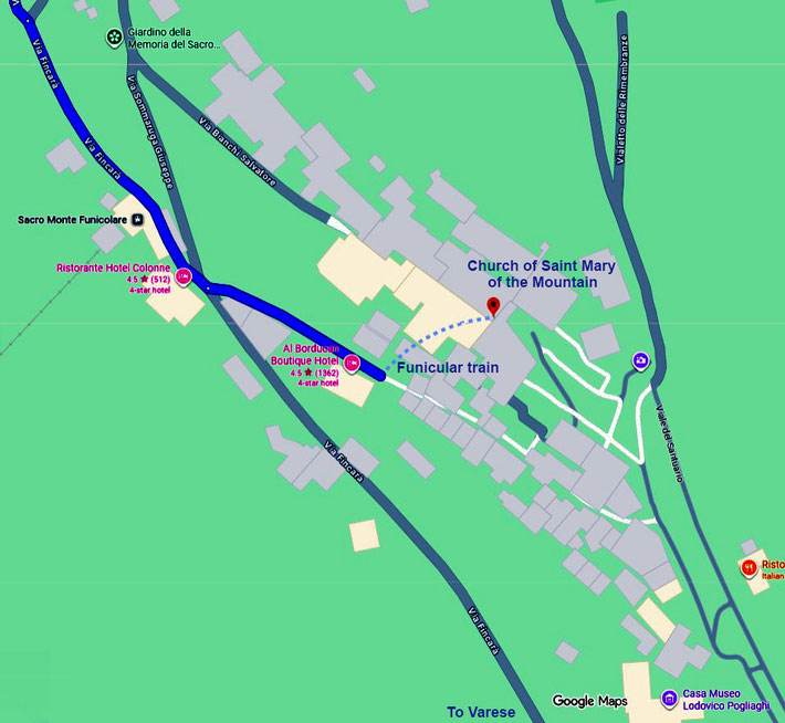 Map shows a close-up of the final stage of the road, then the funicular train to the top of the mountain.