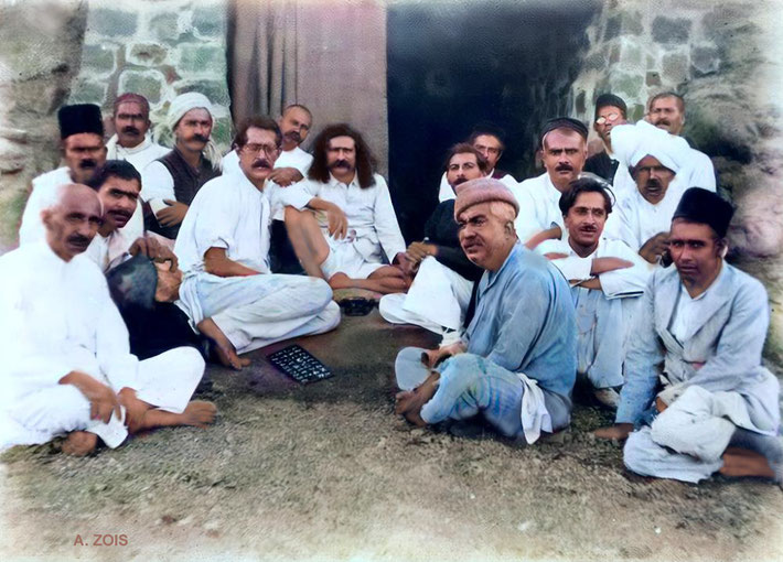 1930 : Meherabad, India. Meher Baba and his men. Image rendition by Anthony Zois.