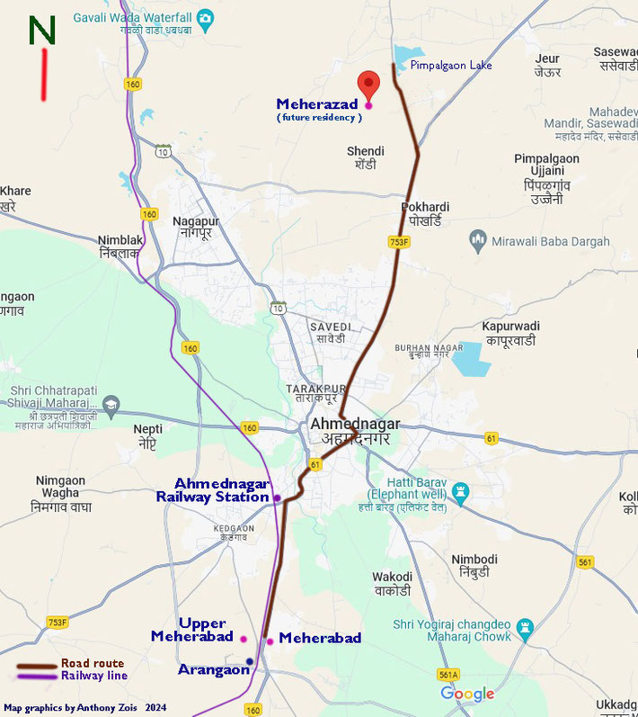 Map shows the road route between Meherabad & the Pimpalgaon Lake. Map graphics by Anthony Zois.