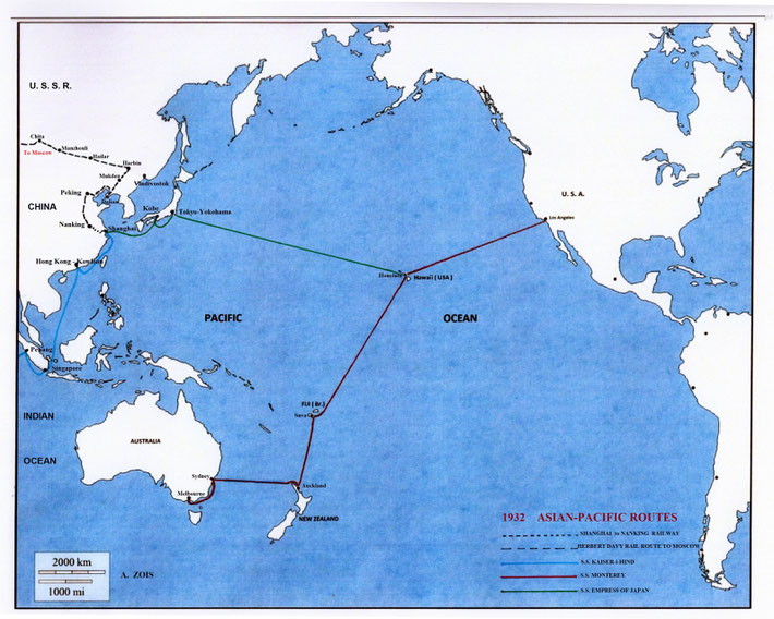  1932 ASIAN - PACIFIC SHIP ROUTES & SINO - RUSSIAN TRAIN ROUTES