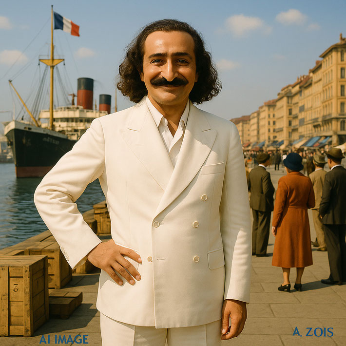 This AI created image shows Meher Baba at the port of Marseilles in the mid-1930s. Image produced by Anthony Zois.