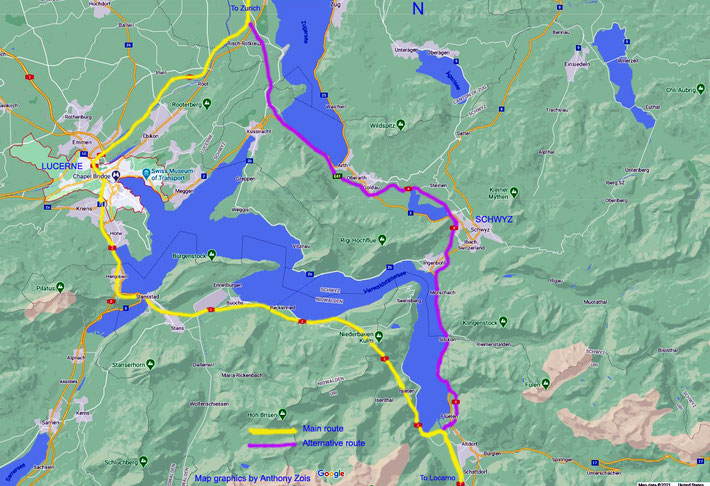 Map 3 : Close-up view - Central Switzerland with both routes showning around Lake Lucerne. Map graphics by Anthony Zois.