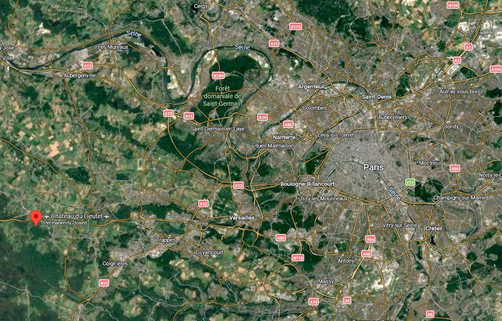 1936 : Map shows the location of Ganna Walska's home - Château du Lieutel (Galluis), near Paris, France.