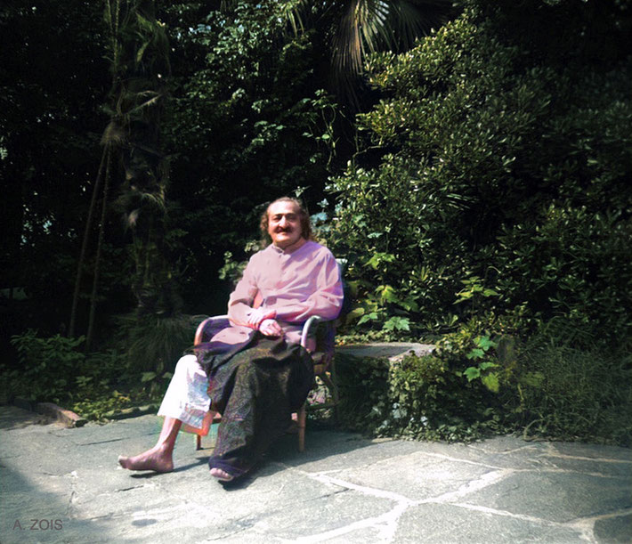 1952 : Meher Baba recouperating at the Merten's home, Locarno, Switzerland. Image colourization by Anthony Zois.