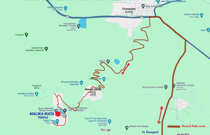 Map is a close up of the Pavagarh Hill Temple area. Map grathics by Anthony Zois.