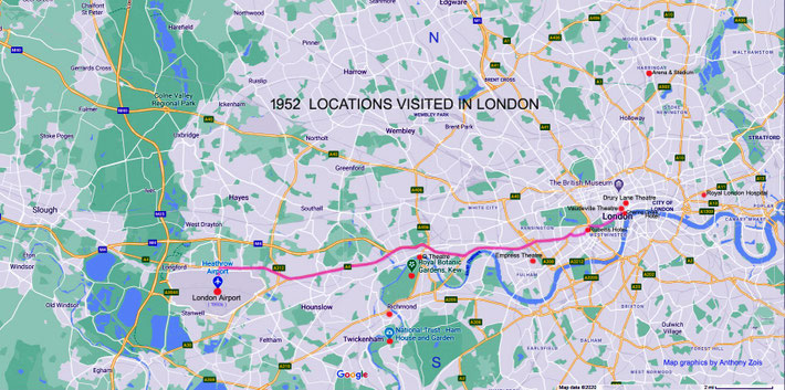 1952 Locations visited by Meher Baba & his Women Mandali during their stay in London. Map graphics by Anthony Zois.