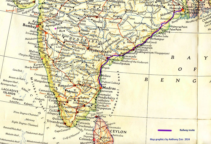 Map shows the Train route from Madras to Howrah, West Bengal State. Map graphics by Anthony Zois.