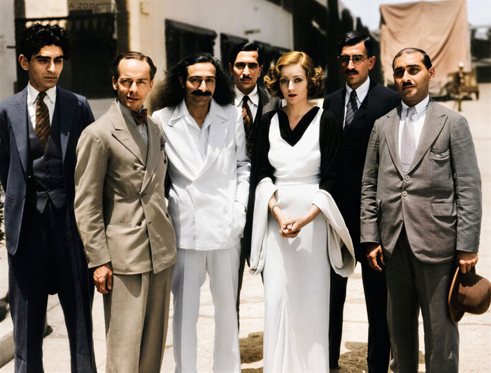 1932 : Meher Baba in Hollywood, CA with Tallulah Bankhead and his men Mandali. Image rendition by Anthony Zois. BP
