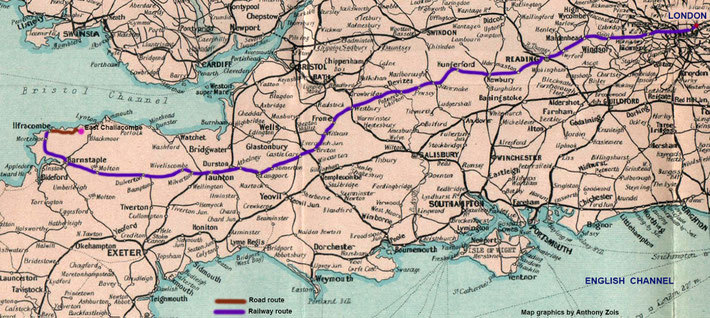 1931 : Routes taken to return to London by car & train. Map graphics by Anthony Zois.